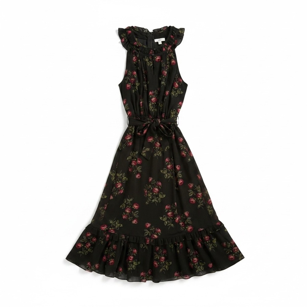 J.Crew Point Sur Dress Womens 2‎ Green Floral Excellent Ruffle Midi Sleeveless